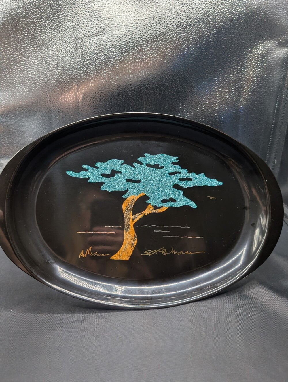 Monterey Cypress Black Lacquer Oval Couroc Tray Artist SFB Morse 1966